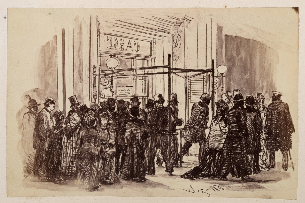 Theater Box Office, Buyers Push from Right to the Illuminated Box Office and Move to the Left, to Heinrich von Kleist "The Broken Jug" by Adolph Menzel