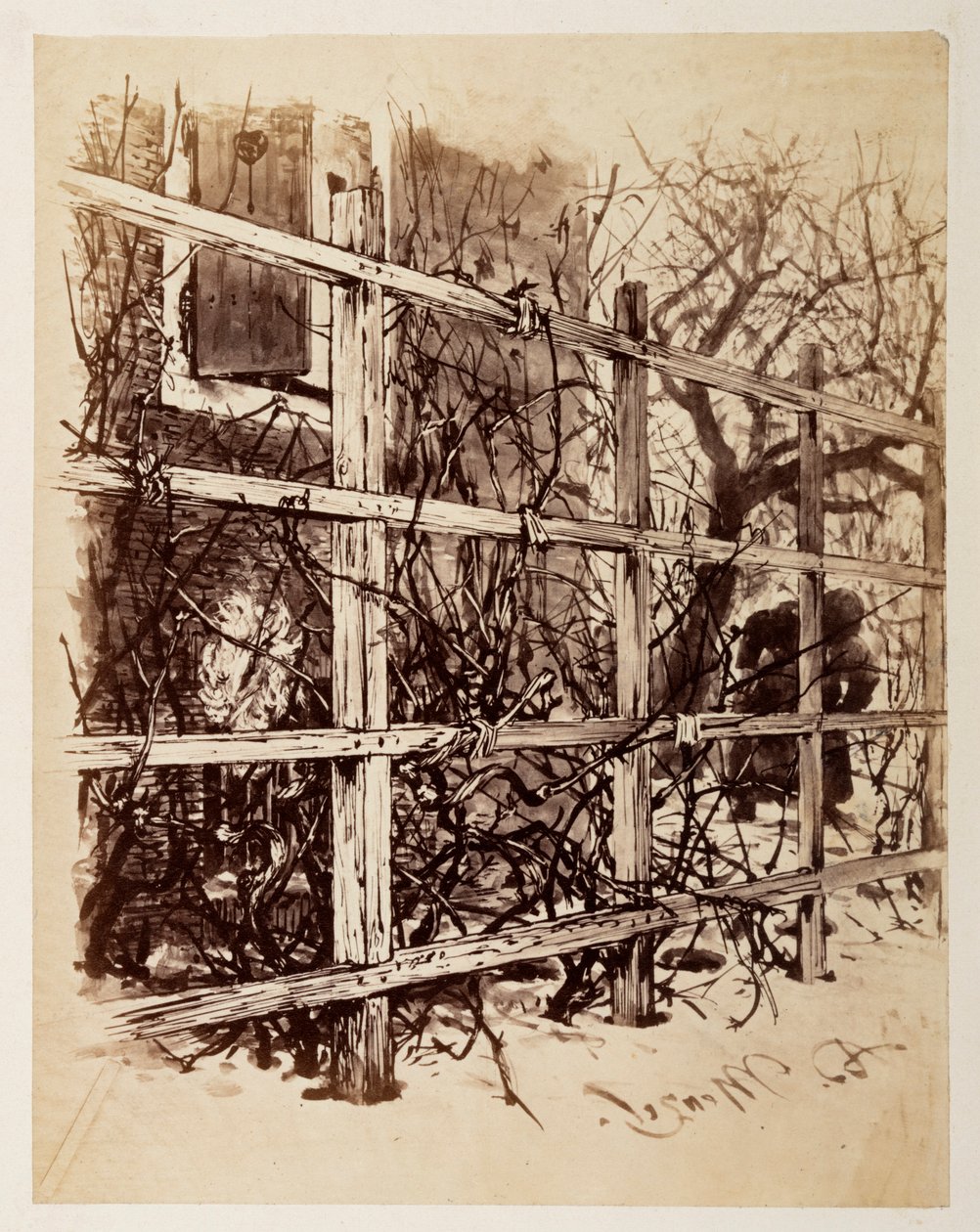 In Front of a House a Trellis, in which a Wig Hangs, to Heinrich von Kleist "The Broken Jug" by Adolph Menzel