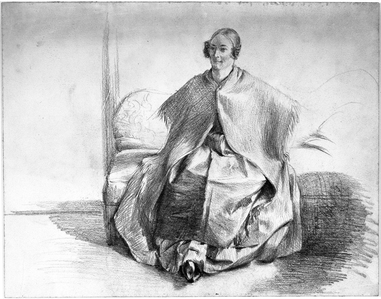 Female Costume Figure with Shawl, Sitting on a Sofa by Adolph Menzel