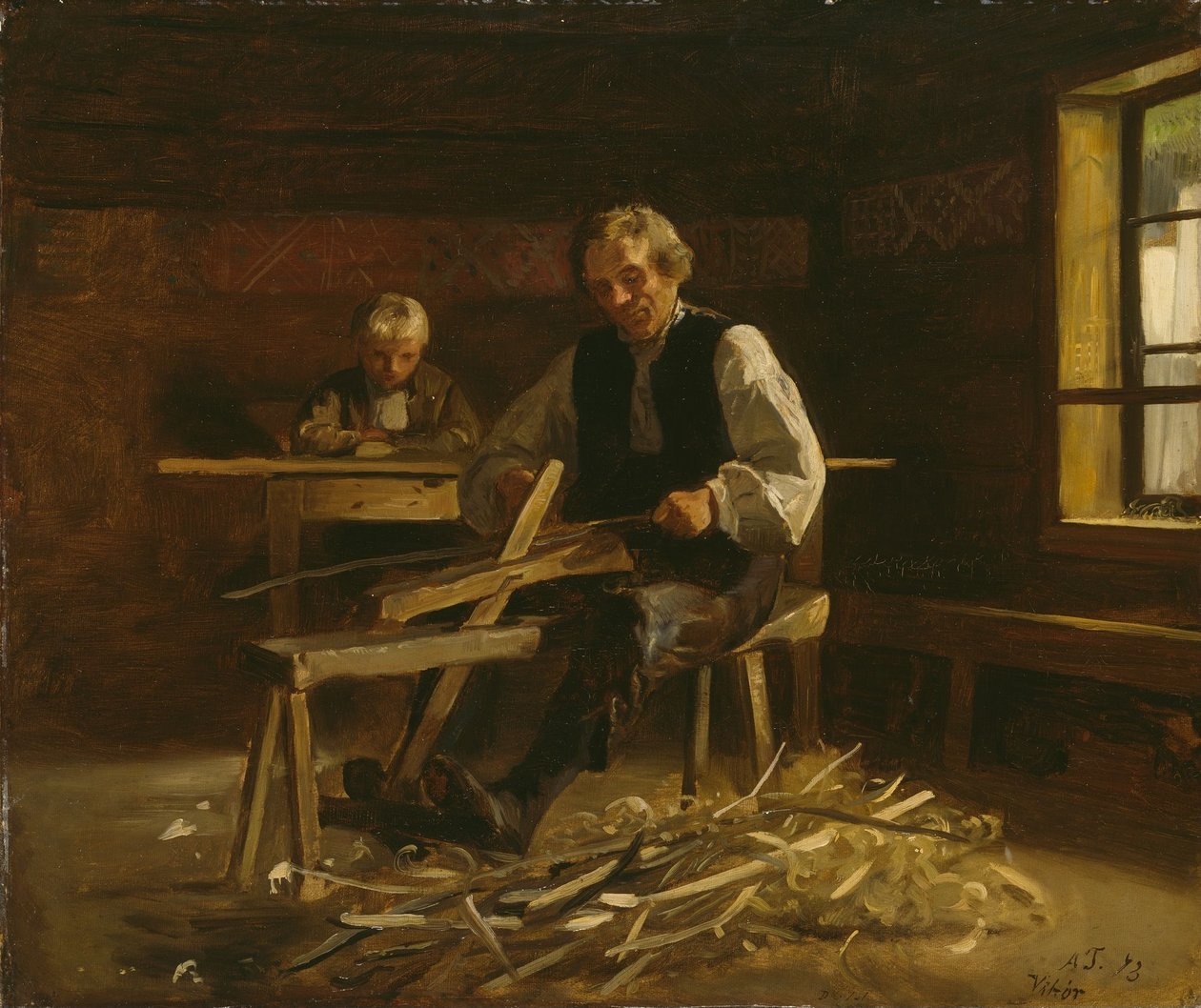 Interior from Vikøy with Farmer Making Barrel Hoops by Adolph Tidemand