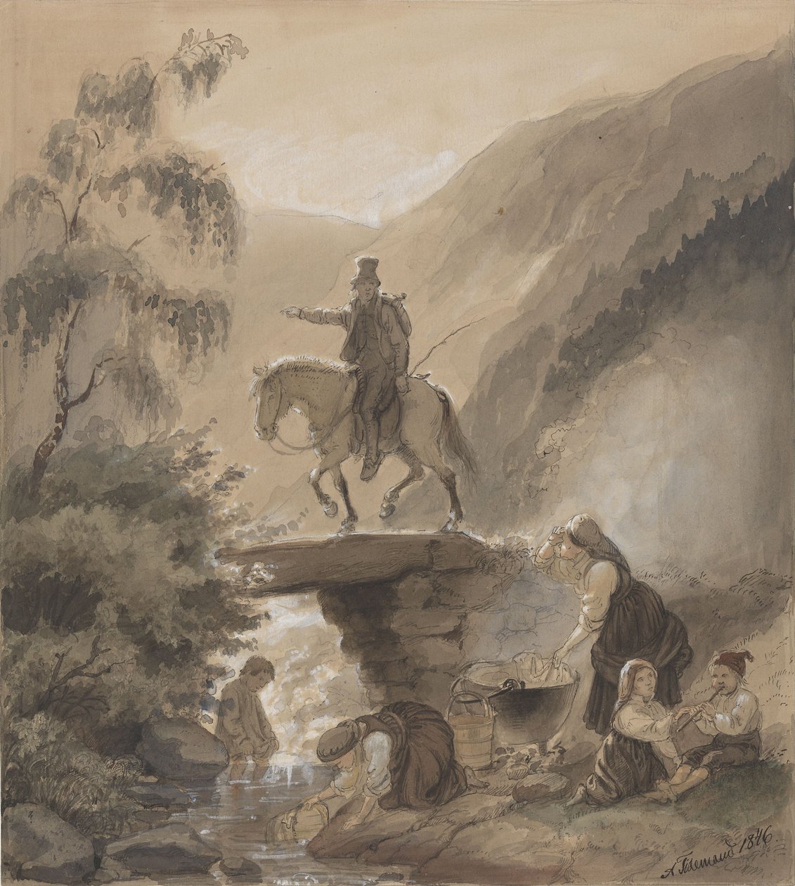 Rider, Women and Children by a Stream by Adolph Tidemand