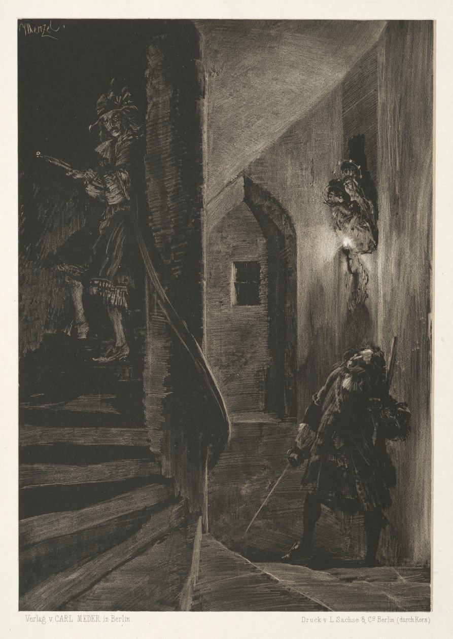 Essay on Stone with Brush and Scraper: Chase on the Winding Staircase by Adolph Menzel
