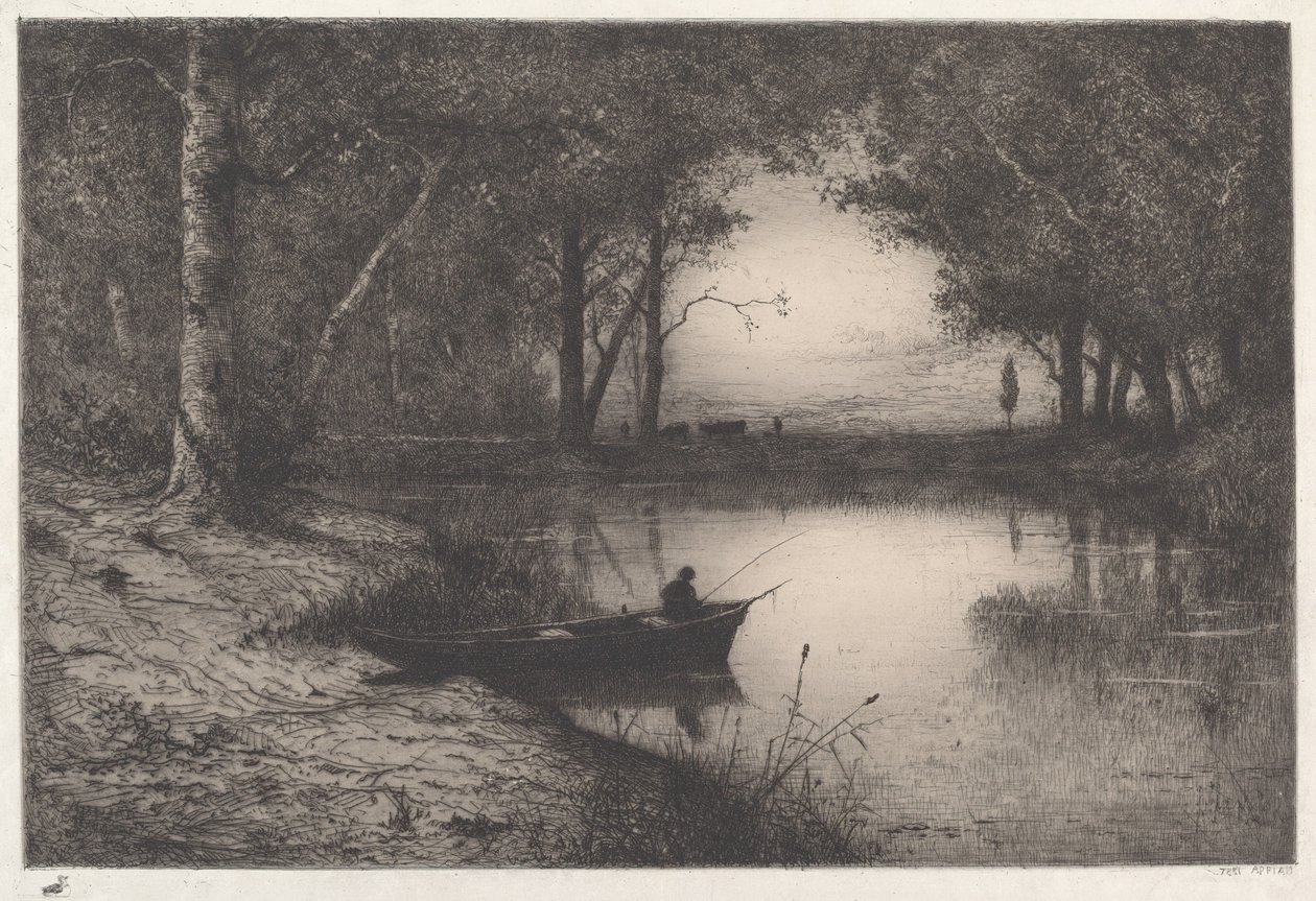A Fisherman in a Wooded Pond at Evening by Adolphe Appian