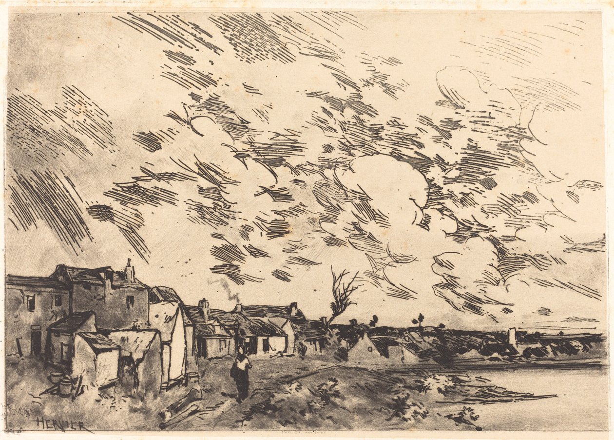 Village on the Riverbank by Adolphe Hervier