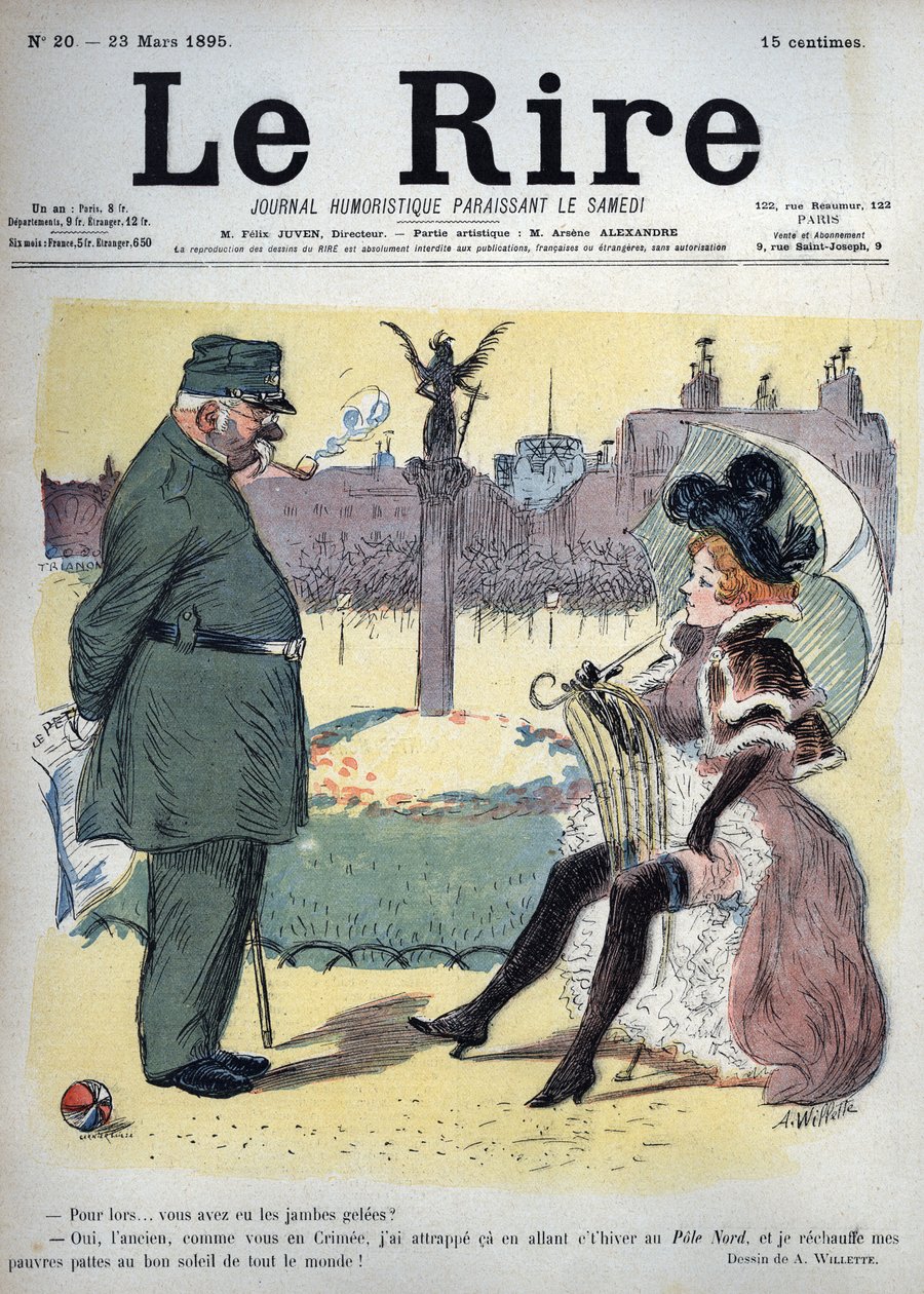 A soldier and a prostitute in the gardens - why did you get cold legs? - Yes, old man, like you in Crimee, I caught on my way this winter to the North Pole, and I warm my poor legs to the good sun of everyone! - drawing by Adolphe Willette for Le Rire by Adolphe Leon Willette