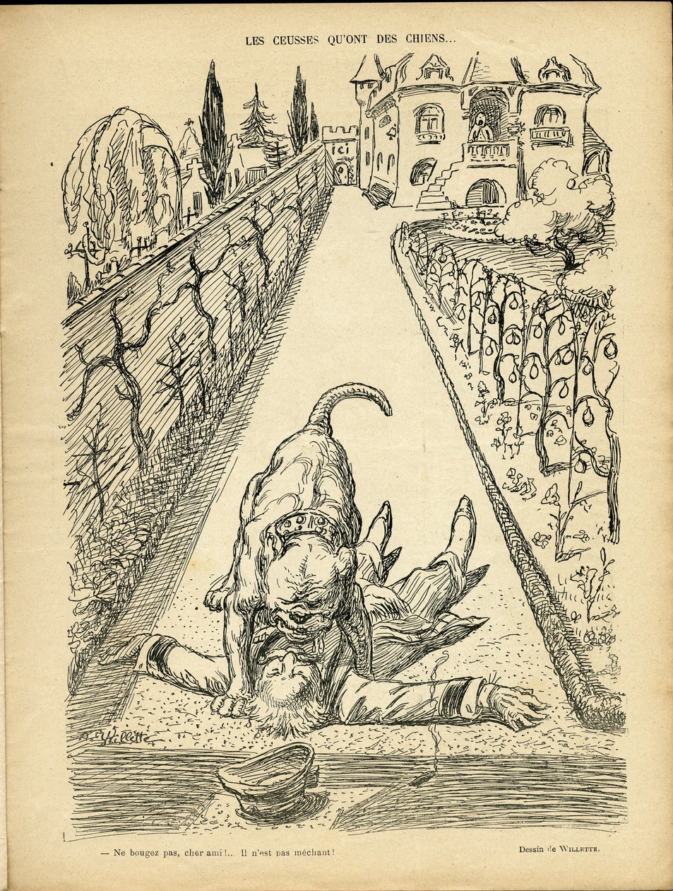 Illustration in Le Rire - Those who have dogs - Architecture Urbanism, Animals - Dog, Pit Bull by Adolphe Leon Willette