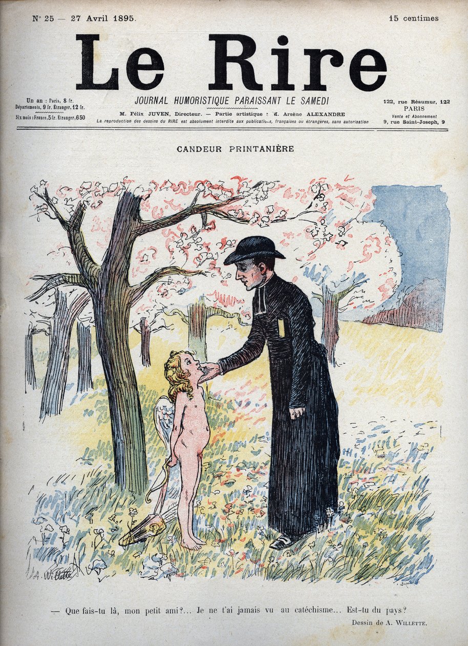 Spring Candeur - In a forest of flowers, a priest stroking the face of a naked child, hiding behind his back a bow and arrow and a pair of wings. Not knowing that he is Cupid, asks him if he is new, since no one has ever seen him at the catechism - illustr by Adolphe Leon Willette