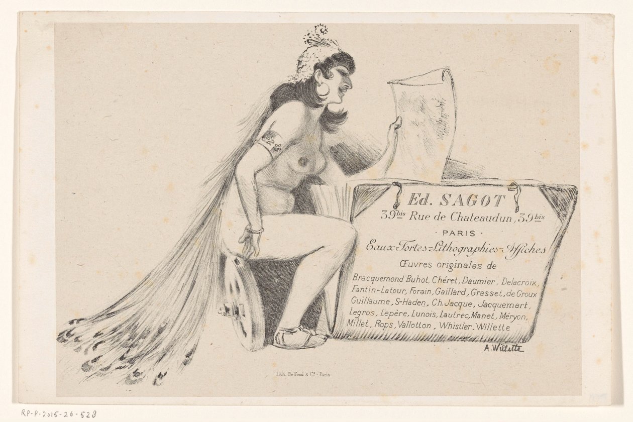 Business Card of Print Dealer Edmond Sagot in Paris by Adolphe Leon Willette