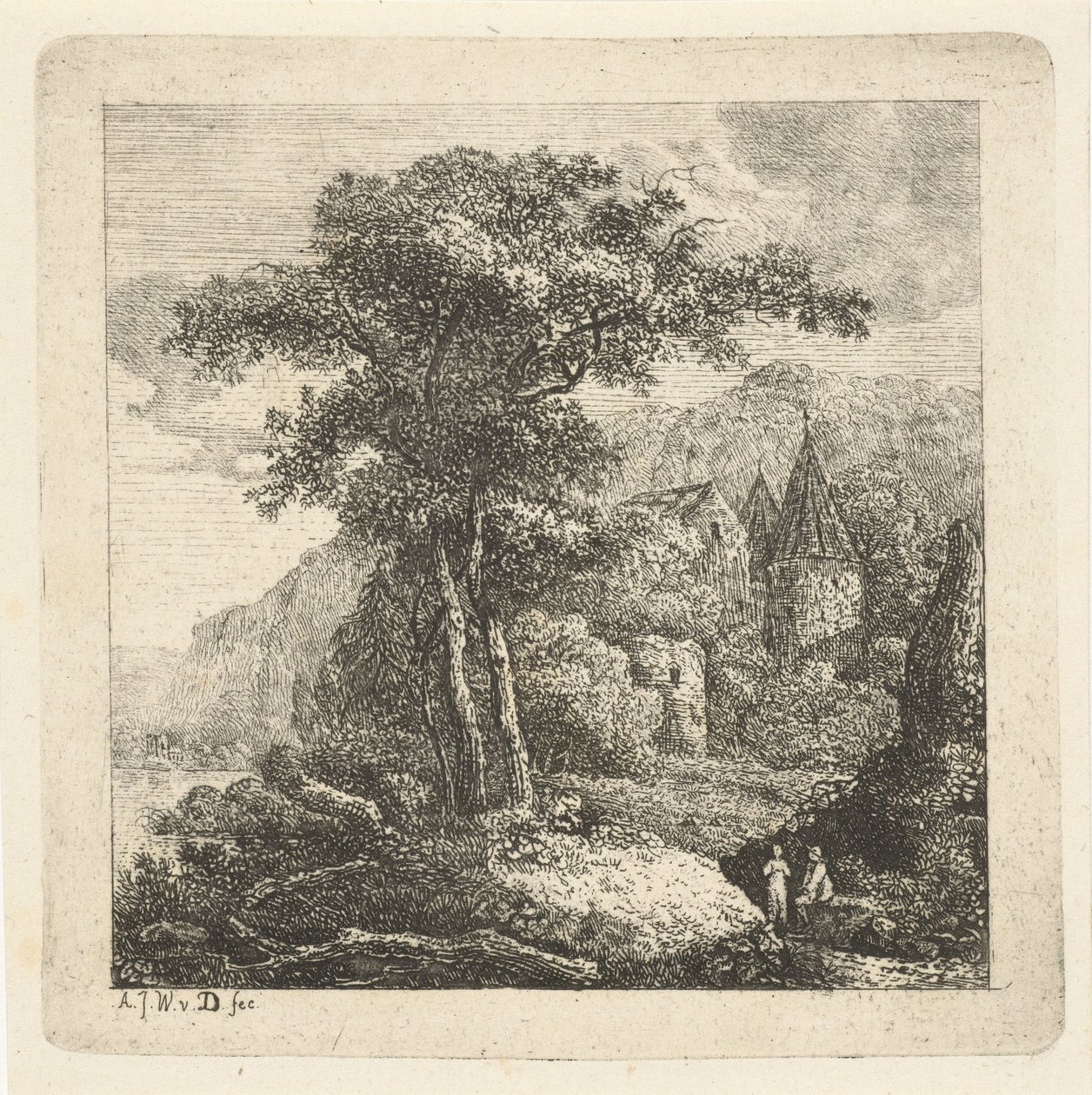Mountainous Landscape with Trees, Castle, and Two Figures by Adriaan Jacob Willem van Dielen