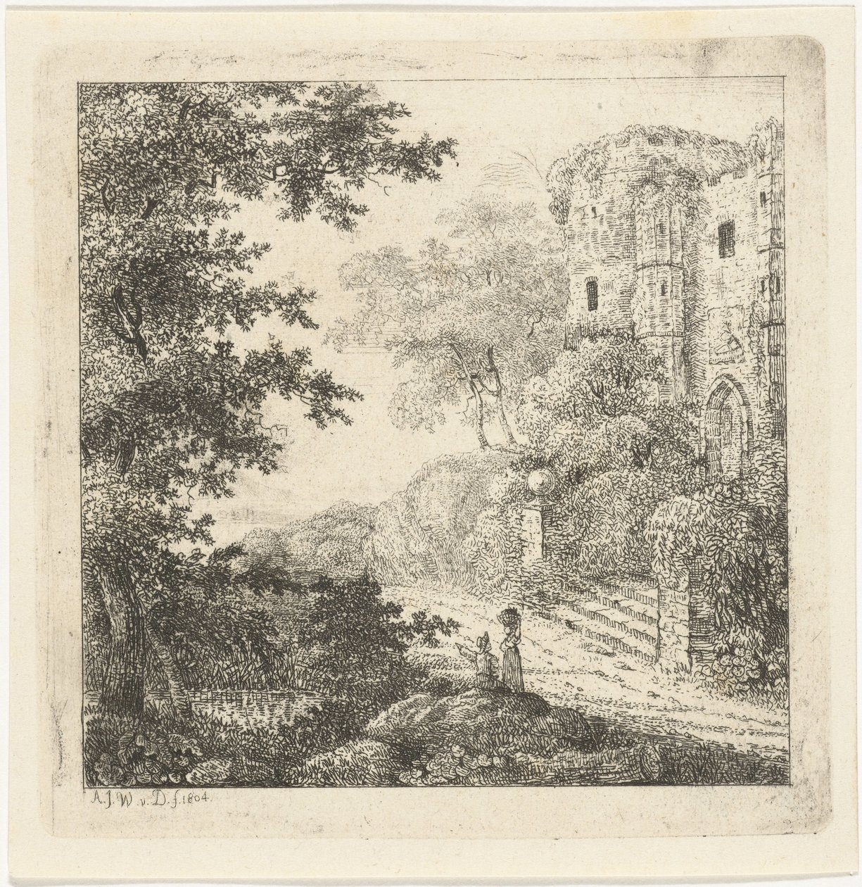 Landscape with figures by castle ruins by Adriaan Jacob Willem van Dielen