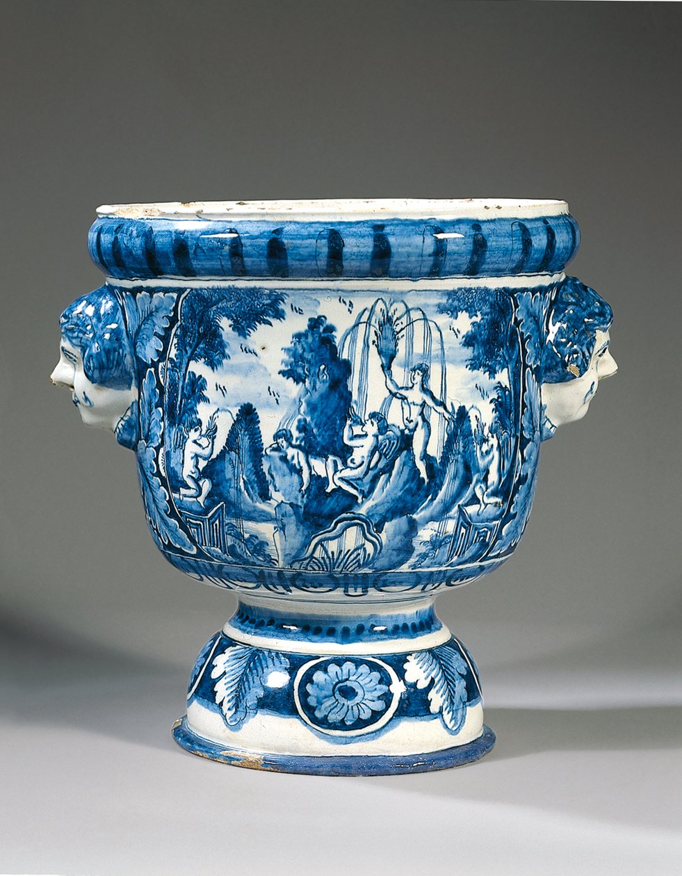 Delft Blue and White Two-Handled Mythological Pedestal Garden Urn by Adriaen (fl.1868 d.1701) (attr.to) Kocks