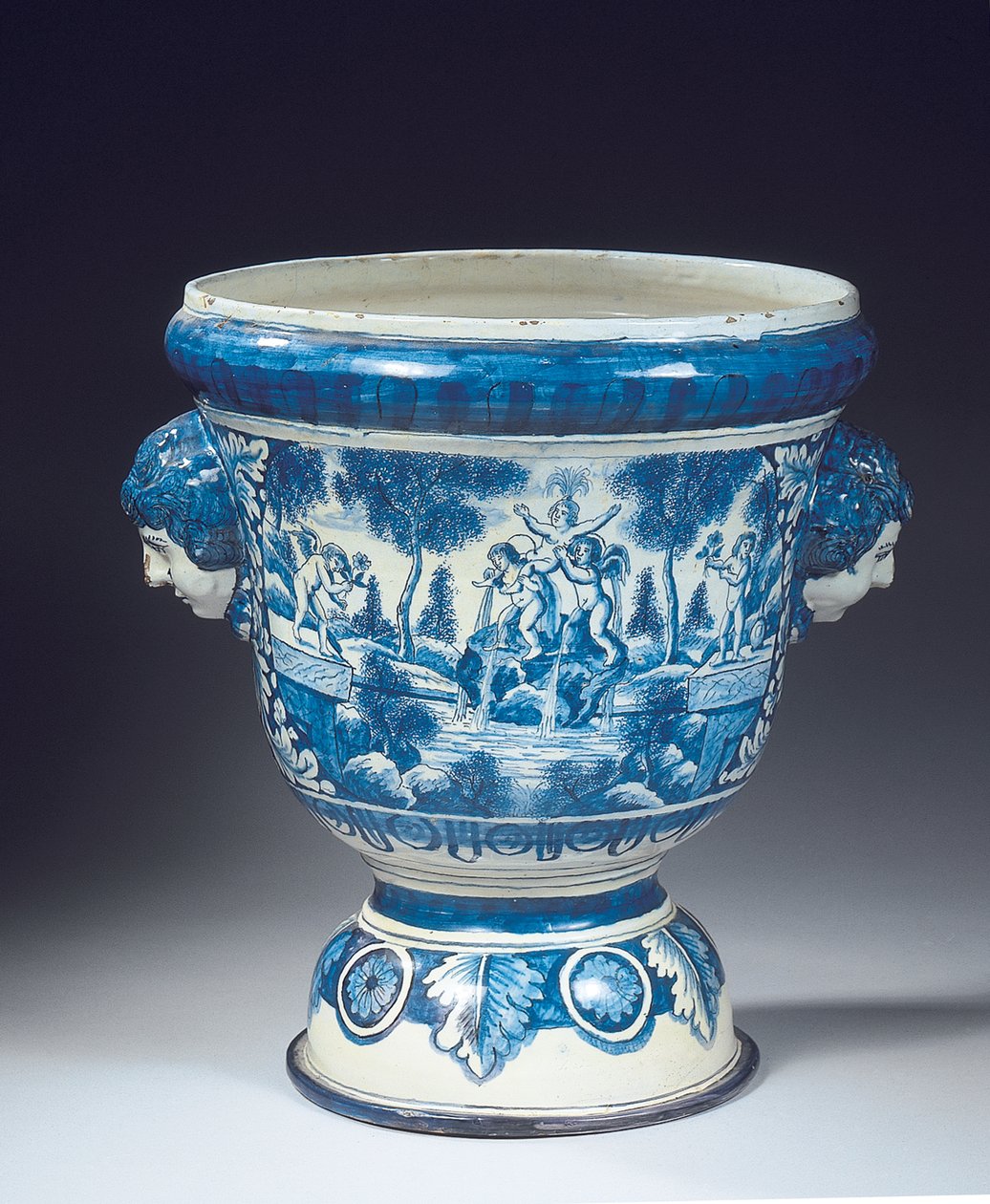 Large Delft blue and white mythological garden urn in the Baroque style by Adriaen (fl.1868 d.1701) (attr.to) Kocks