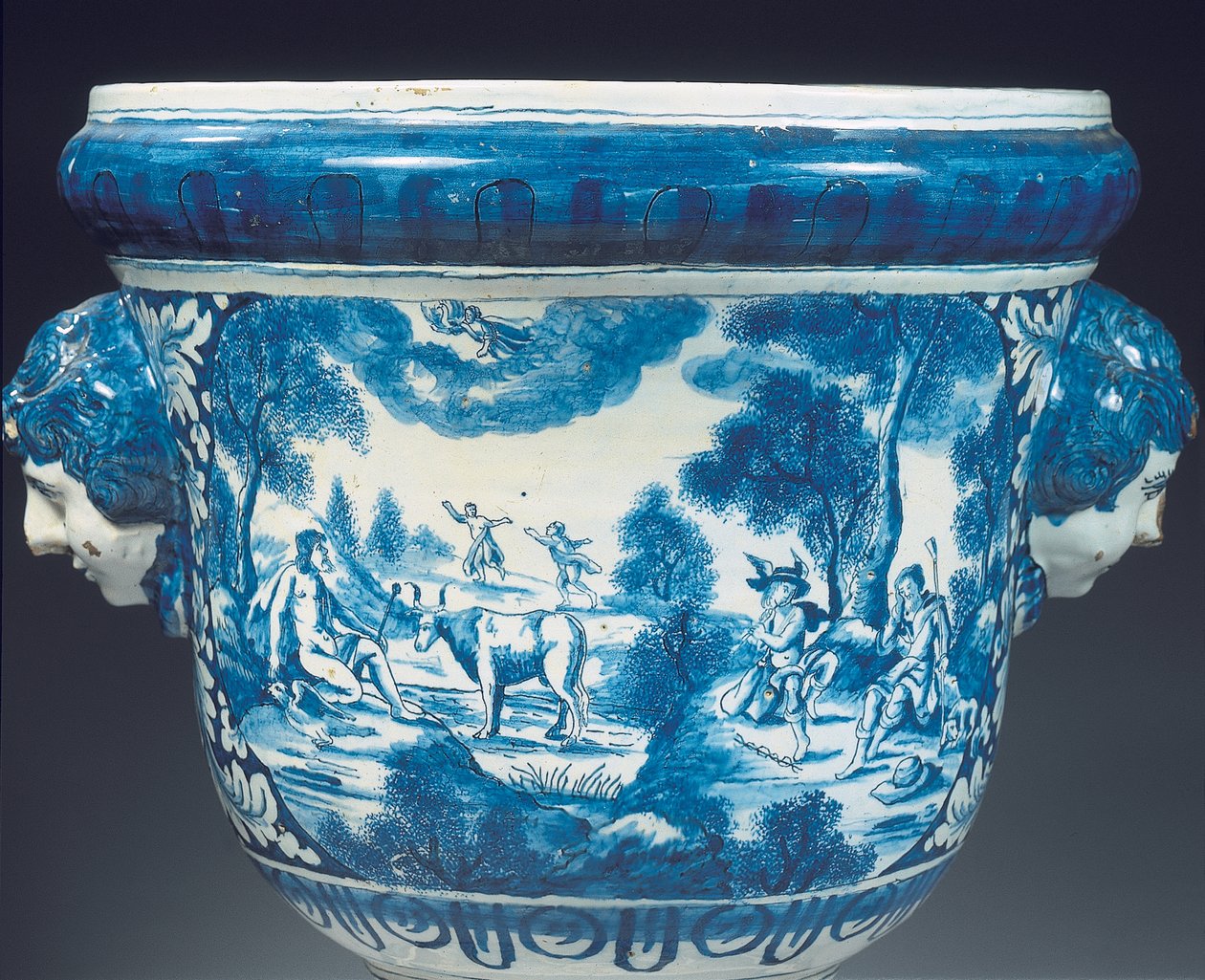 Reverse detail of large Delft blue and white mythological garden urn in the Baroque style by Adriaen (fl.1868 d.1701) (attr.to) Kocks