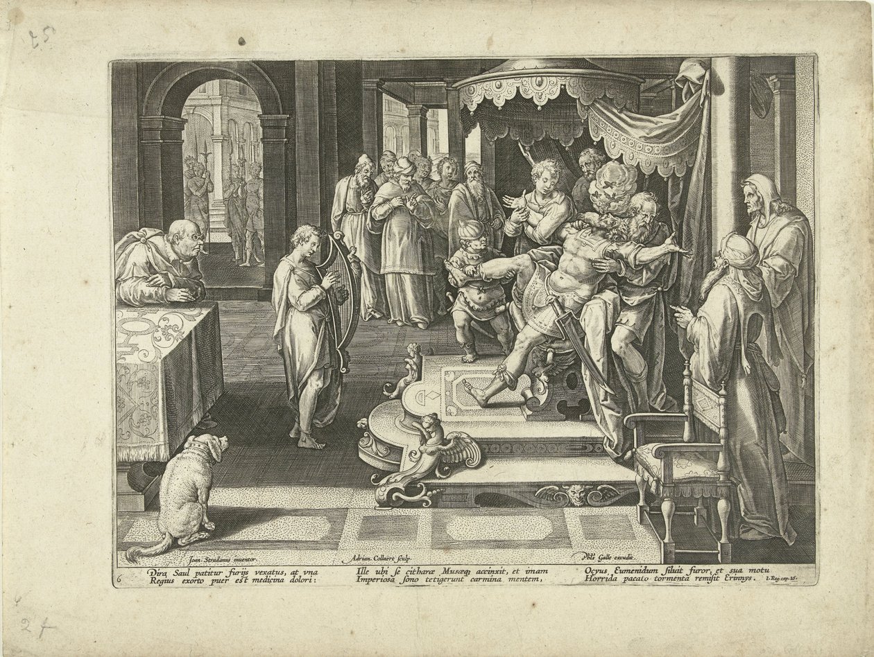 David playing his harp for King Saul, Hymn to Music (series title) by Adriaen Collaert
