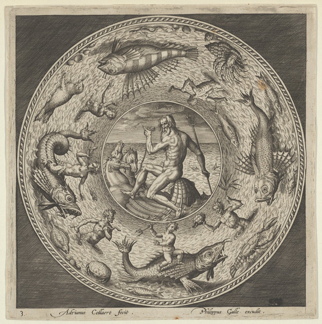 Design for a Plate with Neptune in a Shell Drawn by Horses in a Medallion Bordered by..., c. 1600 by Adriaen Collaert