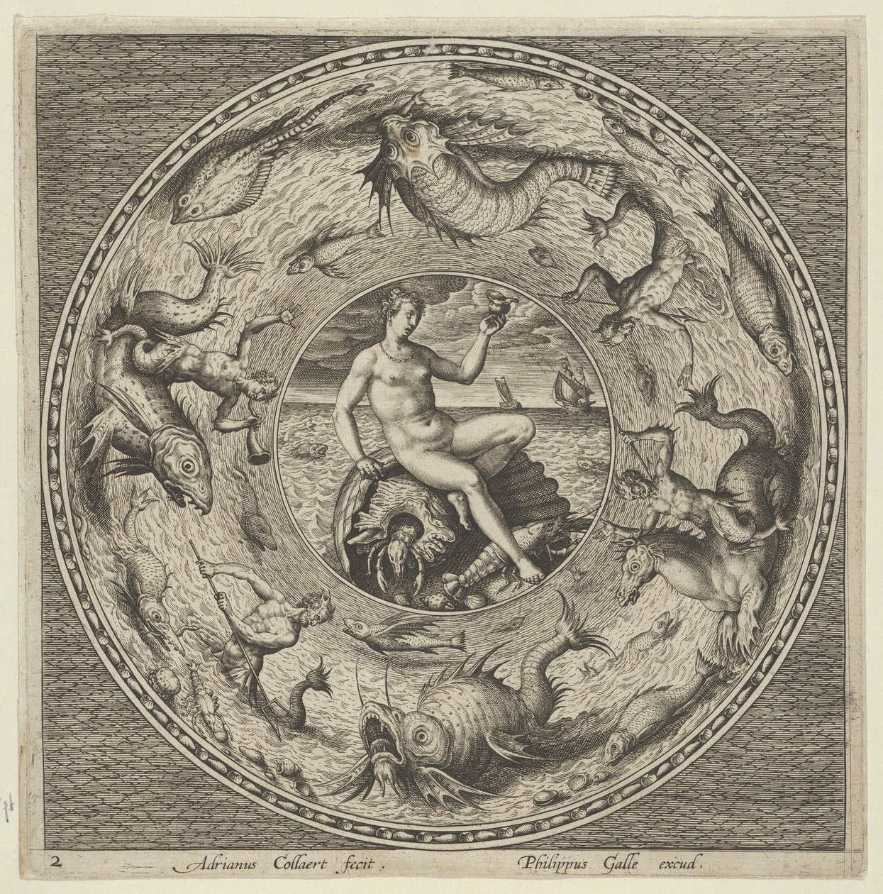 Design for a Plate with Thetis on a Shell in a Medallion Bordered by Sea Monsters by Adriaen Collaert