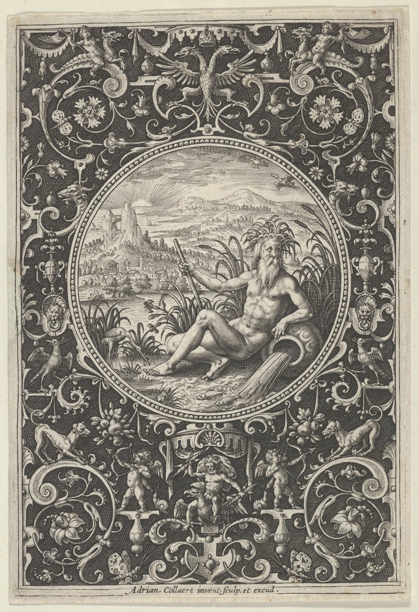 Neptune in a Decorative Frame with Grotesques, from the Judgment of Paris, c1580-1600 by Adriaen Collaert