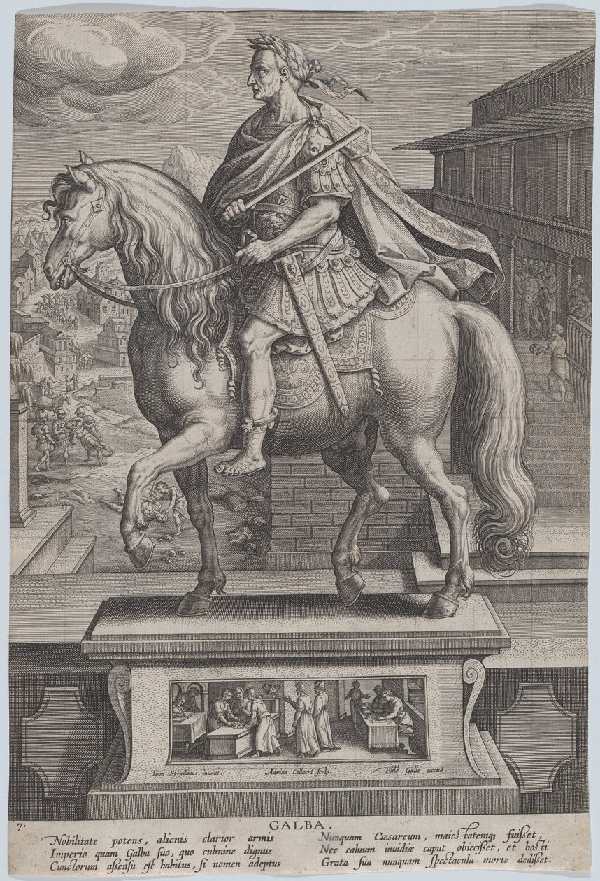 Plate 7: Equestrian Statue of Galba, in Profile to the Left, with a Beheading Scene by Adriaen Collaert