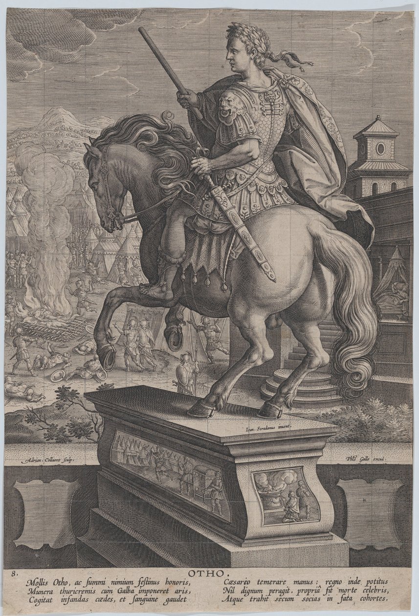 Plate 8: Equestrian Statue of Otho, Seen from Behind, His Death Scene in the Background by Adriaen Collaert