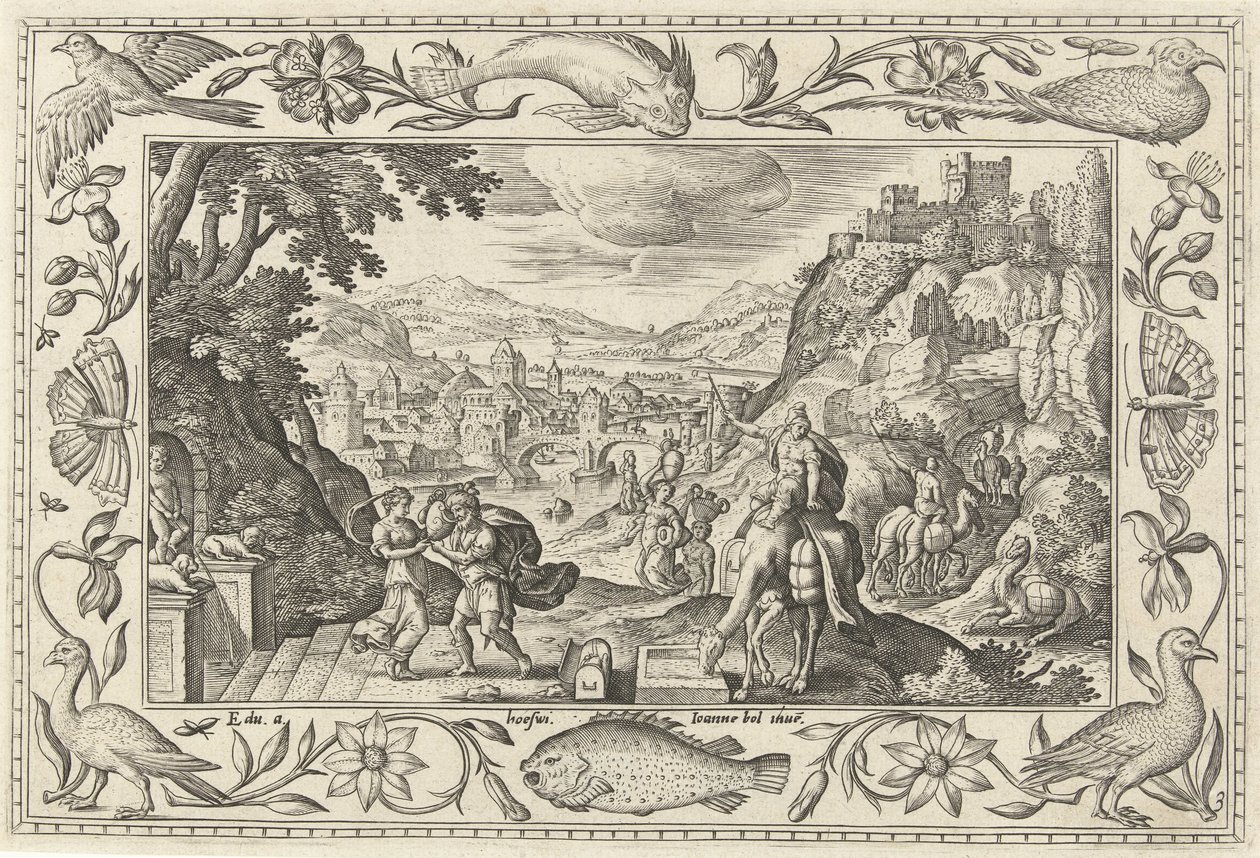 Rebecca and Eliezer at the Well (Landscapes with Biblical, Mythological Scenes and Hunting Scenes) by Adriaen Collaert