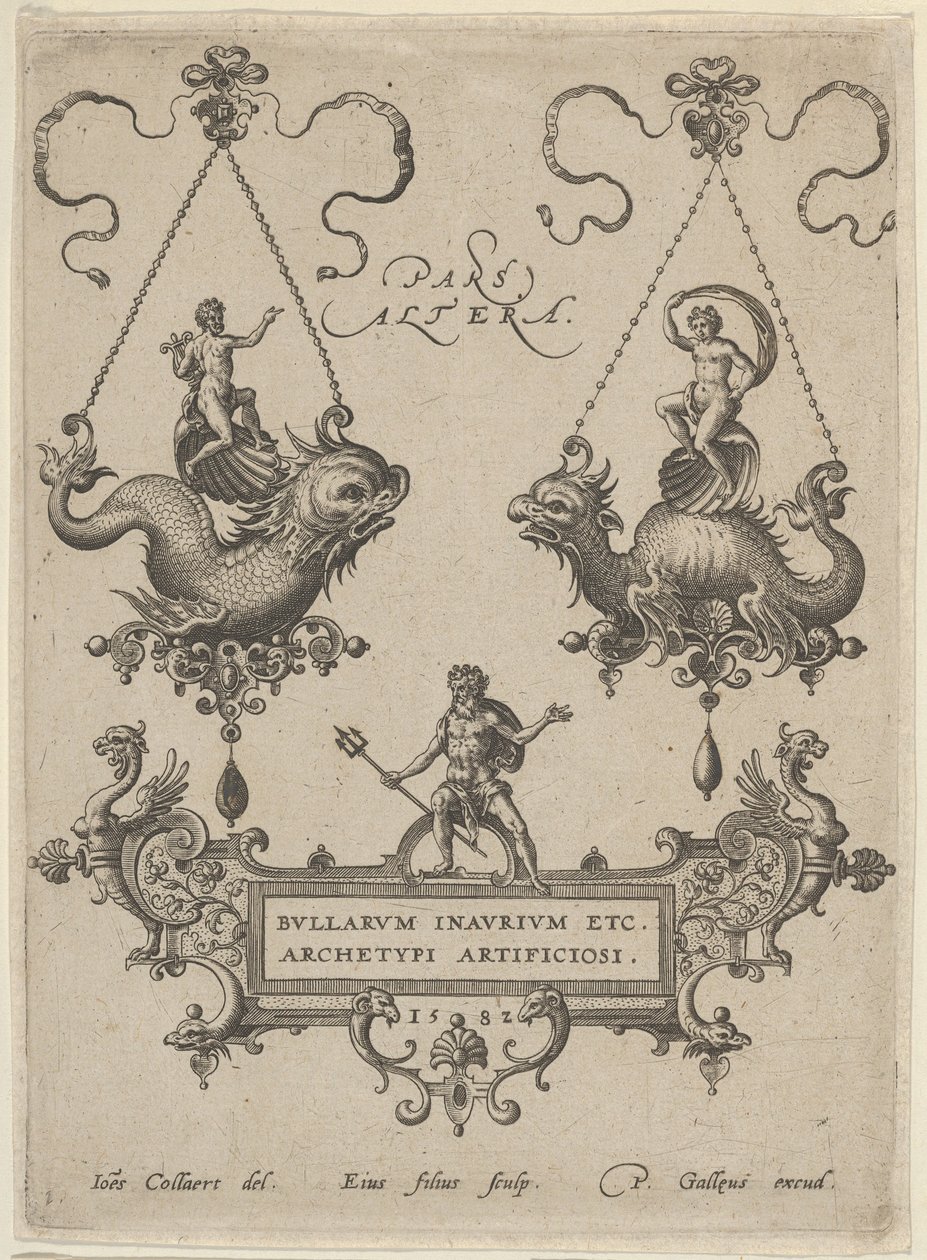 Title Plate with Two Pendant Designs Above and Neptune Standing on a Cartouche Below by Adriaen Collaert