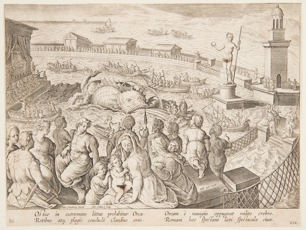 Whale Hunt by the Emperor Claudius in the harbour at Ostia, plate 19 in the Venationes Ferarum, Avium, Piscium series by Adriaen Collaert