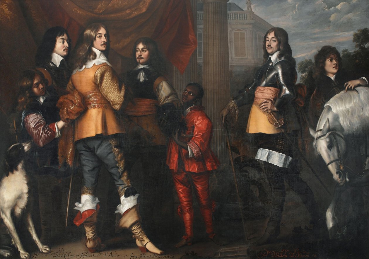 Group Portrait of Willem Frederik van Nassau-Dietz, Hendrik Casimir I van Nassau-Dietz, Hendrik van Nassau-Siegen and George Frederik van Nassau-Siegen, with Servants by Adriaen Hanneman