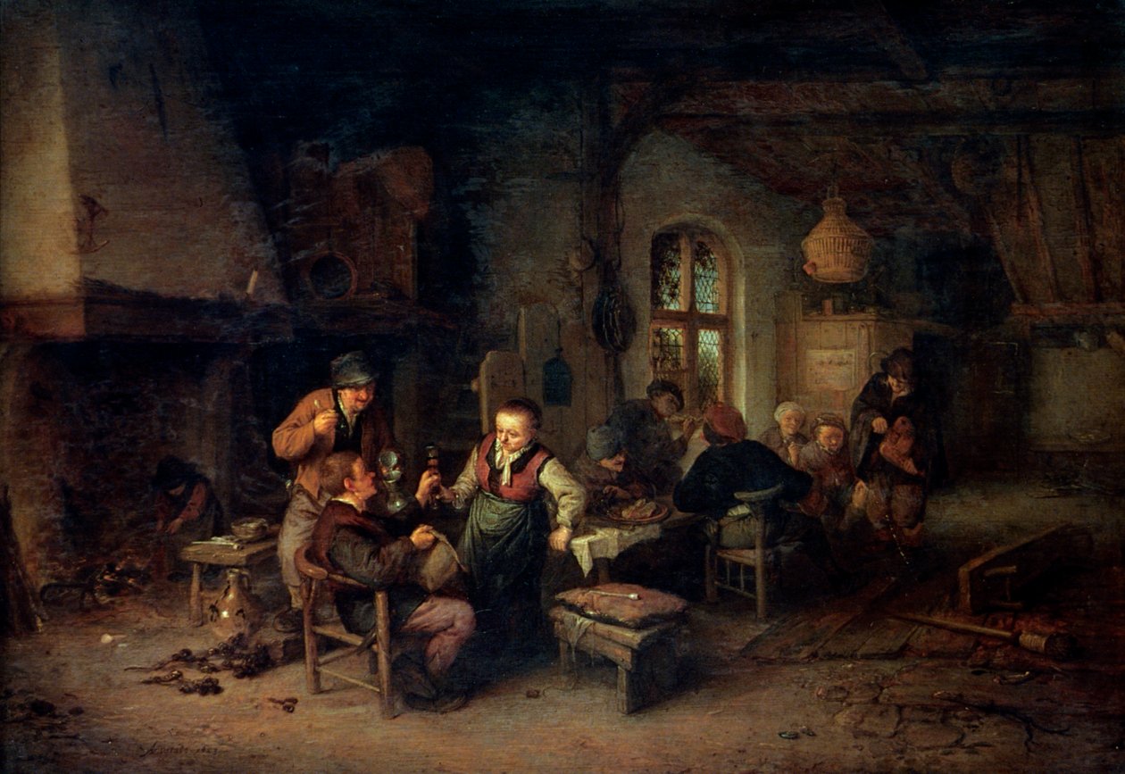 The Interior of an Inn with Nine Peasants and a Hurdy-Gurdy Player by Adriaen Jansz. van Ostade