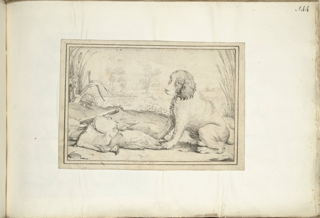 Dog Next to Hunting Gear and Prey in Landscape by Adriaen Matham (signed by artist)