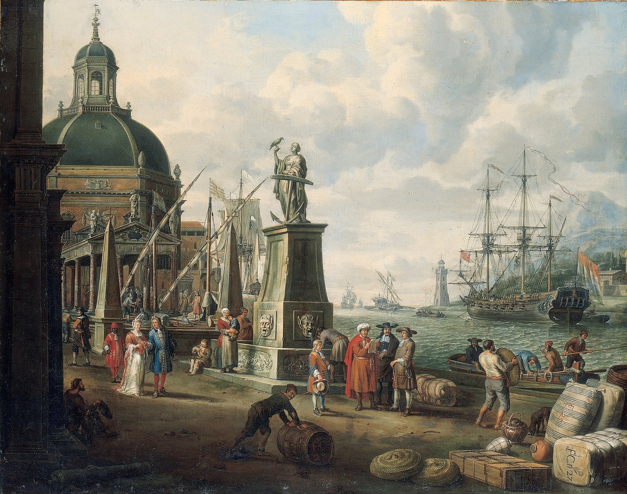 A Capriccio of a Mediterranean Harbour with Merchants, an Elegant Couple on the Quayside, Before a Statue of Hope and a Baroque Church, a Lighthouse, a Dutch Man-o-war, and Other Shipping Beyond by Adriaen Verdoel