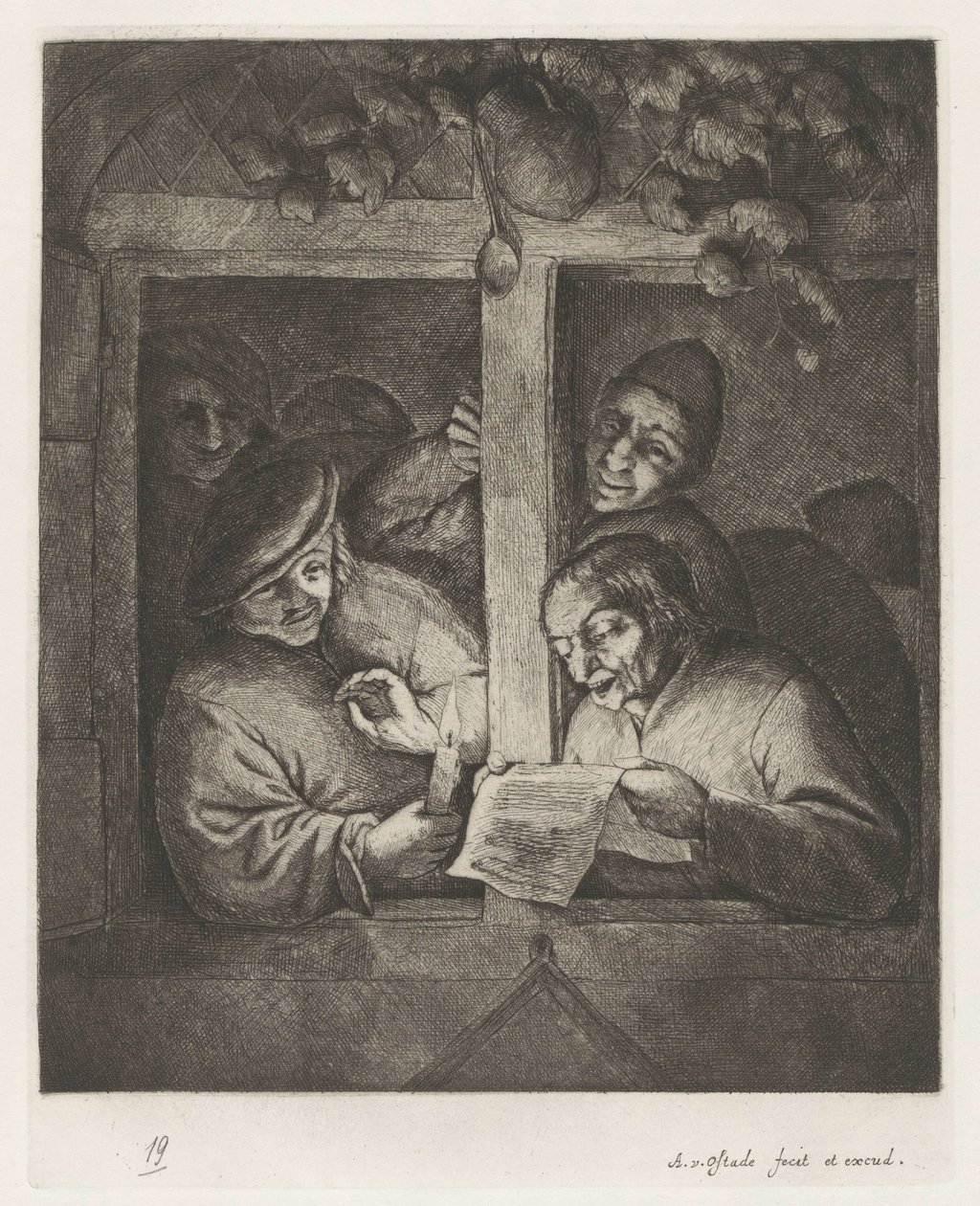 Three men singing from sheet music by candlelight at an open window by Adriaen van Ostade