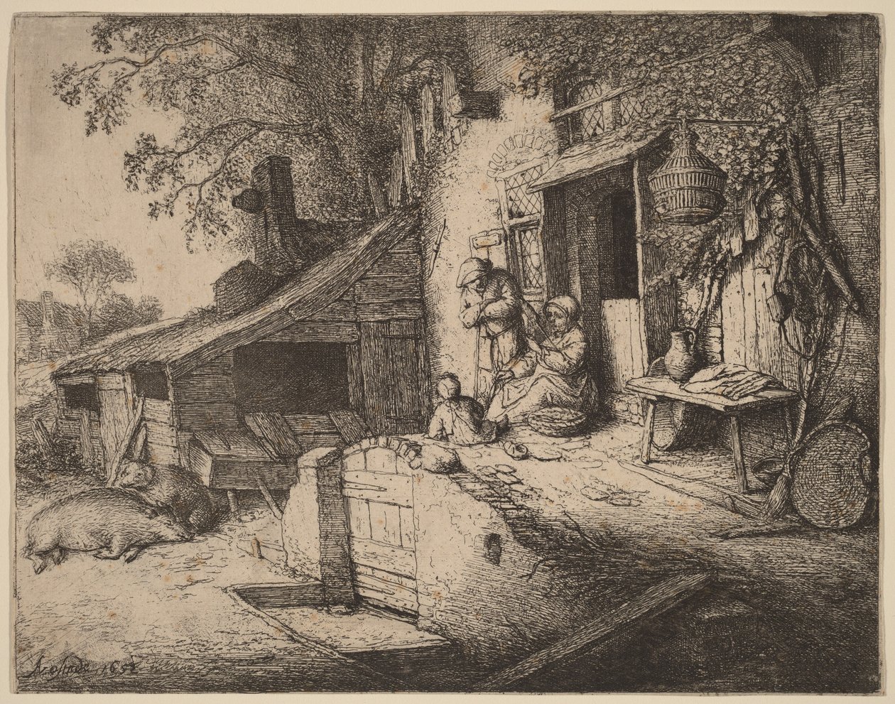 Farmstead with a Peasant Family Outside the Front Door, the Woman Spinning by Adriaen van Ostade