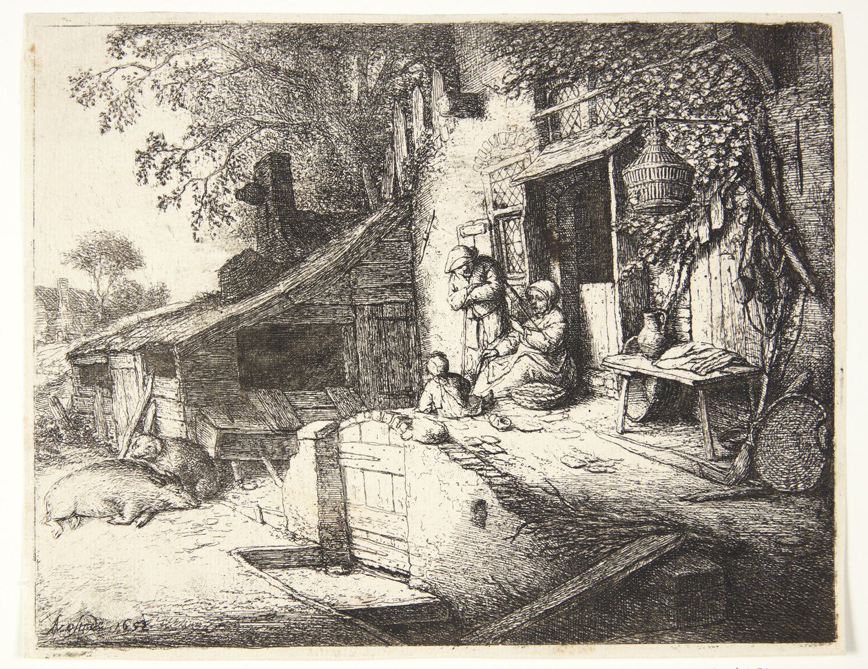 Woman Spinning in Front of a Farmhouse by Adriaen van Ostade