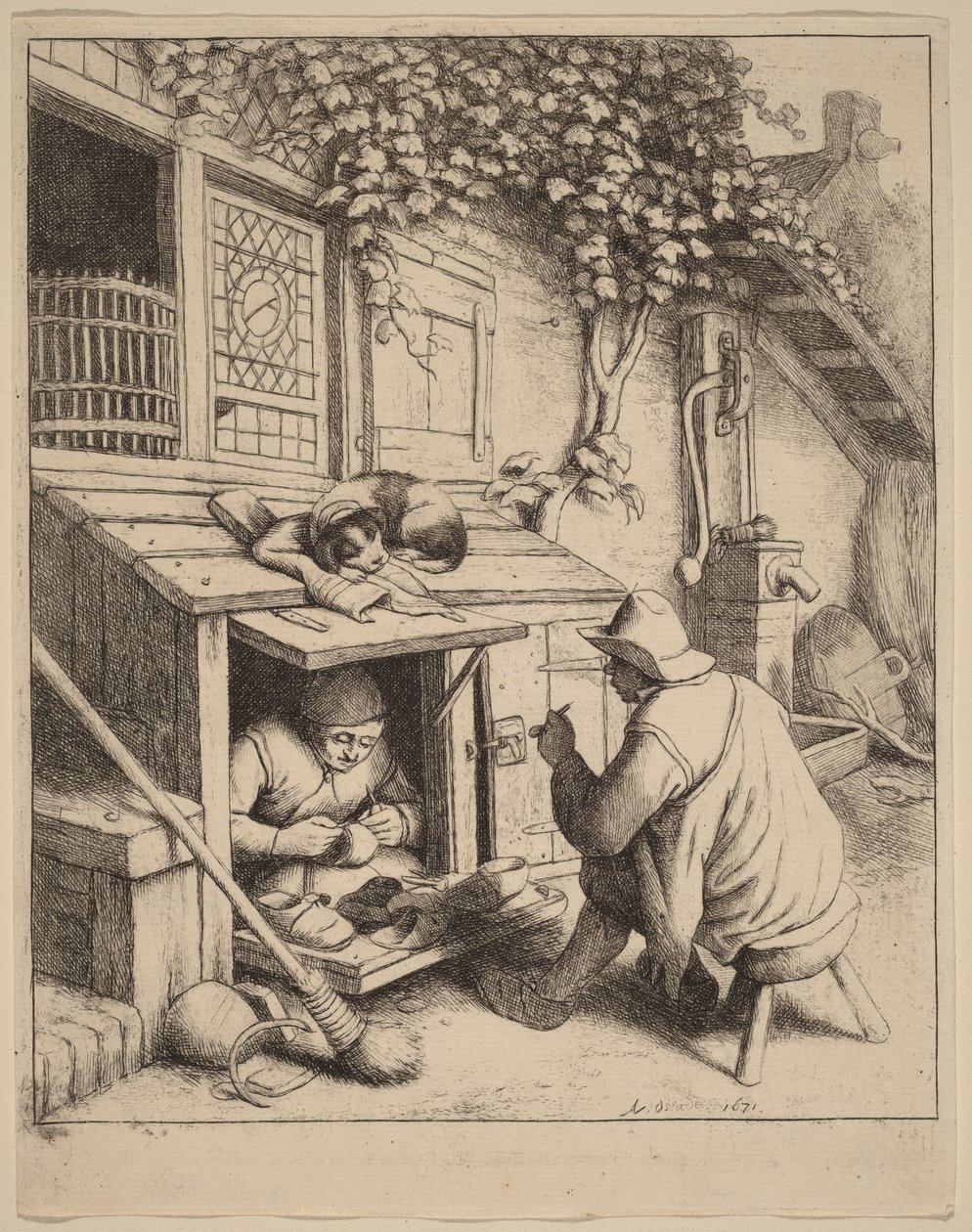 Smoker on a Stool Conversing with a Cobbler at Work by Adriaen van Ostade