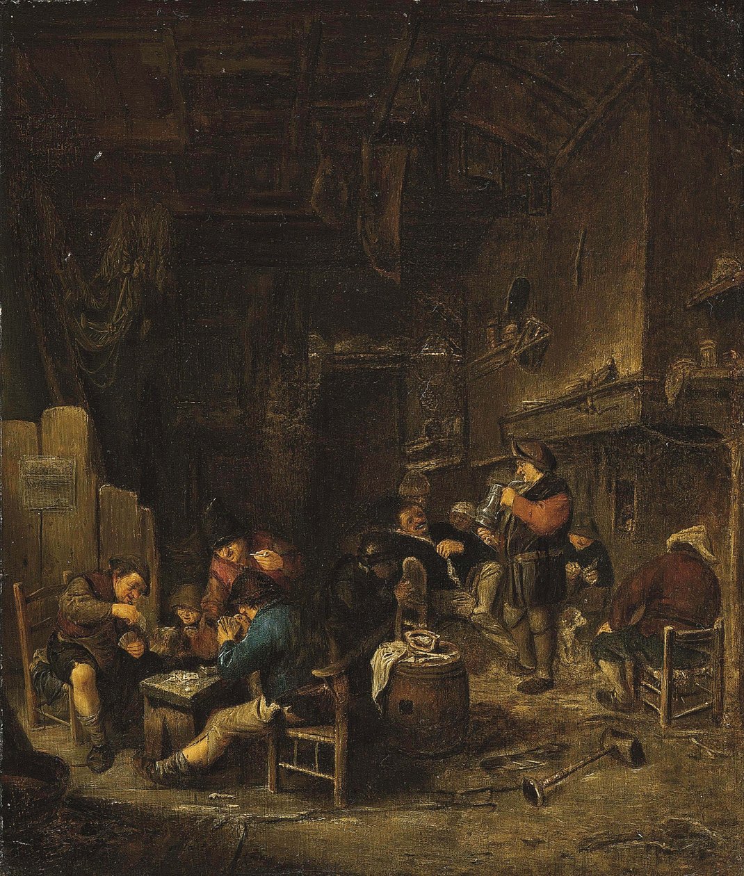 Tavern Interior with Peasants Playing Cards, Smoking and Drinking by Adriaen van Ostade