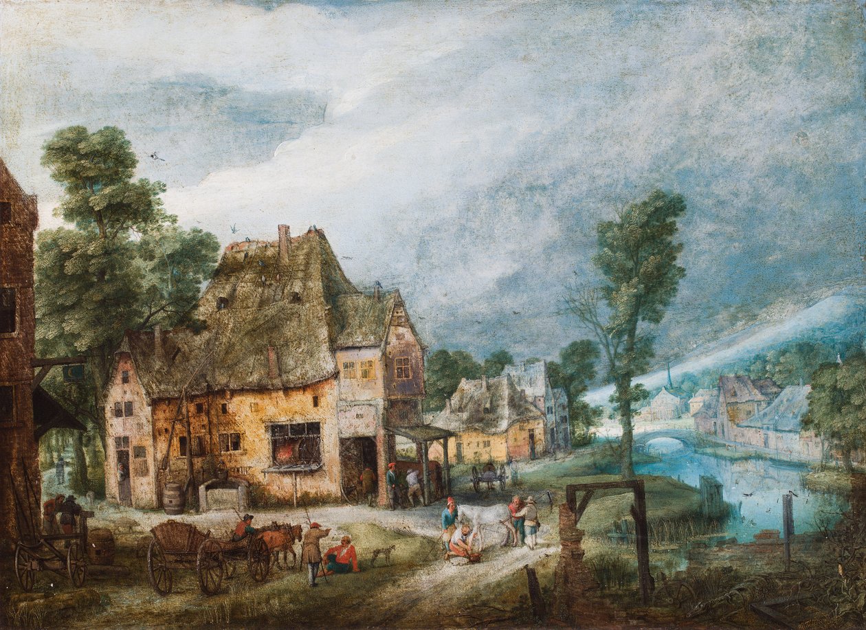 A Village Beside a River with Figures by Adriaen van Stalbemt