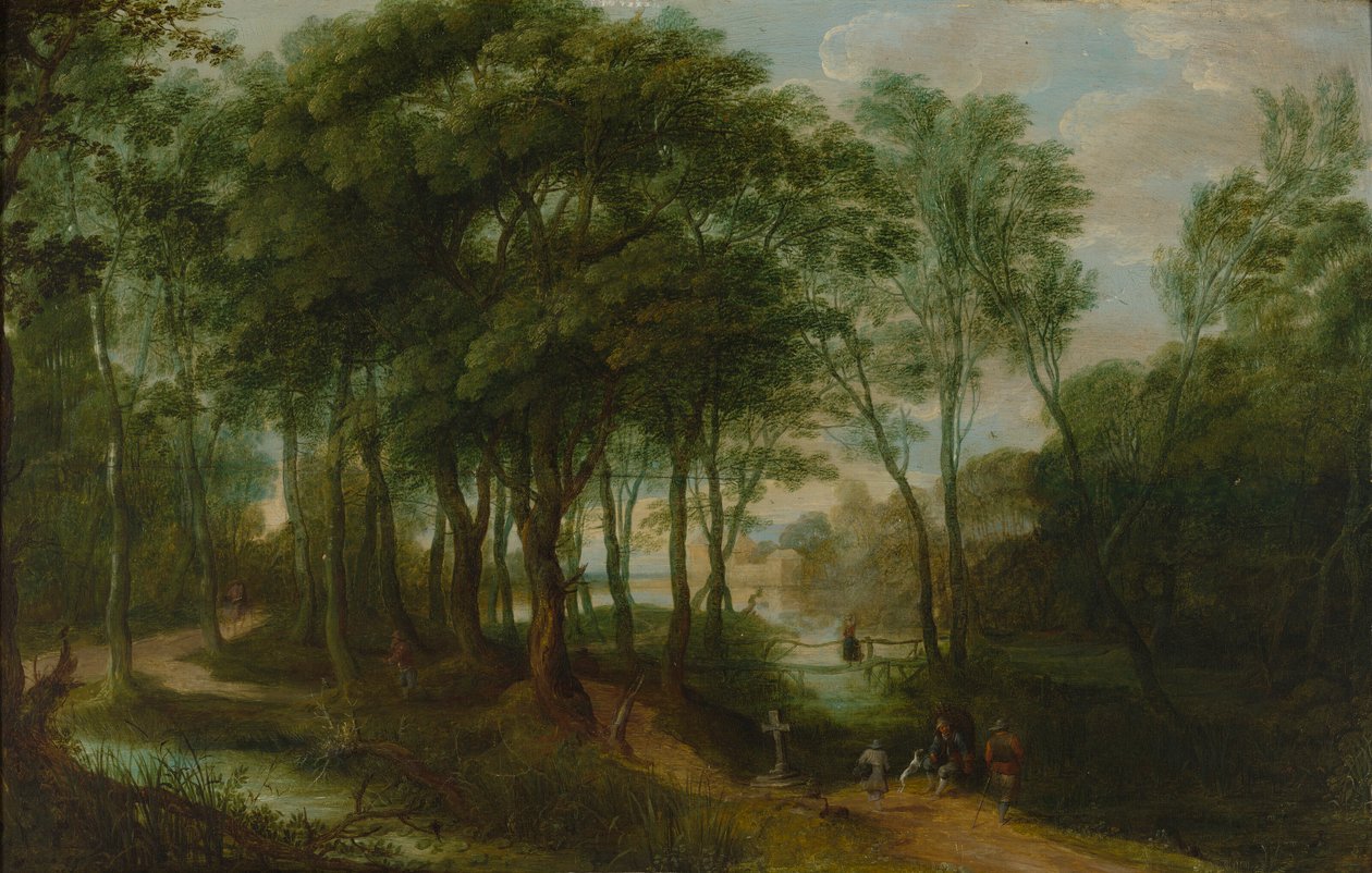 Walkers in a Woodland with Architecture in the Background by Adriaen van Stalbemt