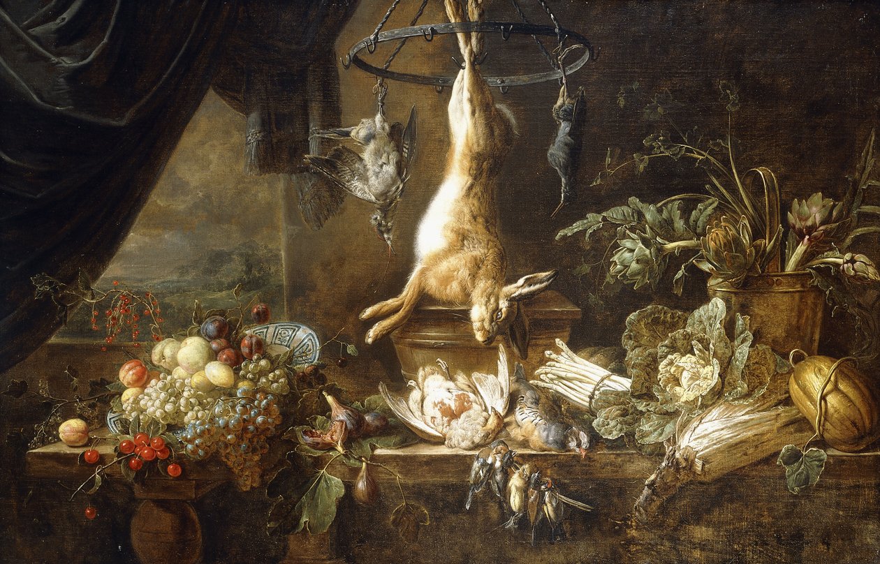 A Hare and Snipe Hanging from a Game-Ring, Fruit in a Wanli Kraak Porselein Bowl, Figs, Dead Partridges and Finches, Asparagus, Cabbage, Fennel and Artichokes in a Copper Pot on a Ledge by a Draped Casement by Adriaen van Utrecht