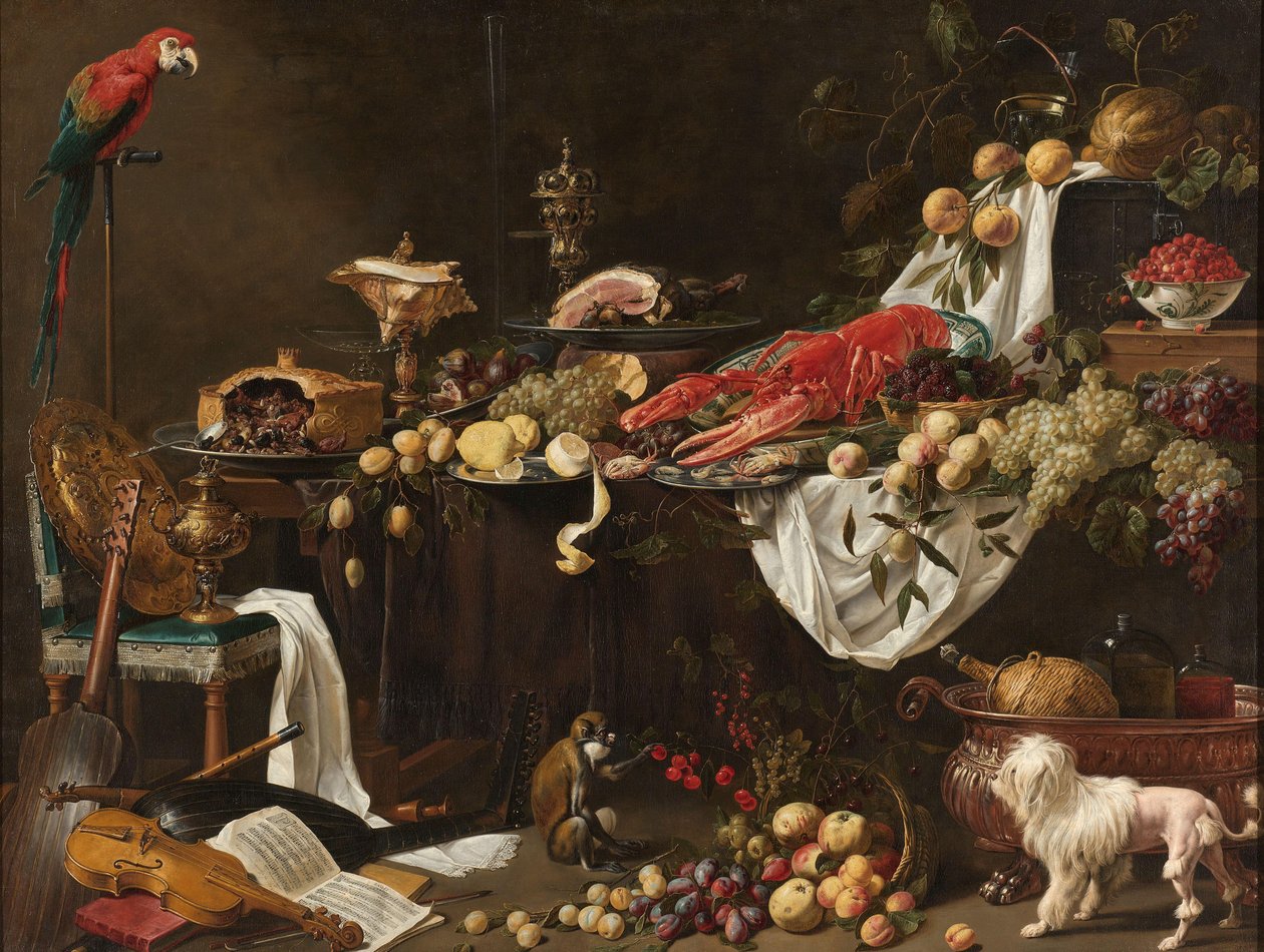 Banquet Still Life with a Parrot, Dog and Monkey by Adriaen van Utrecht