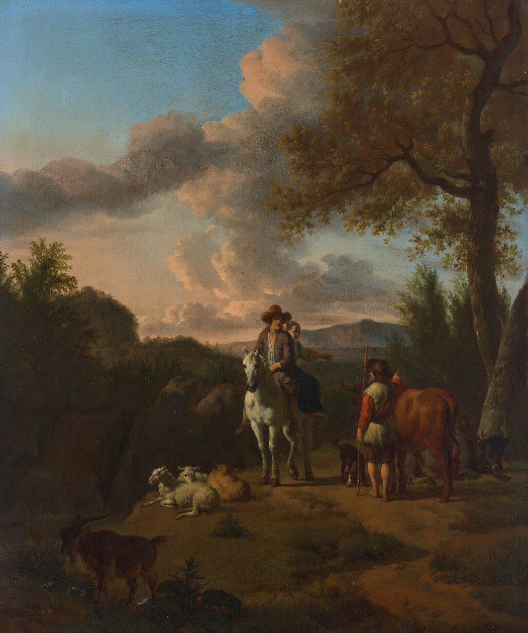 An Italianate Landscape with a Man and a Woman on a White Horse, Asking Directions from a Herder by Adriaen van de Velde