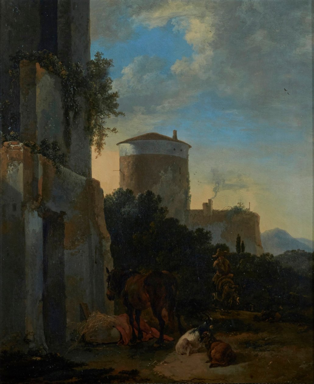 An Italianate Village Street with a Horse, Goats, and Man on a Donkey by Adriaen van der Cabel