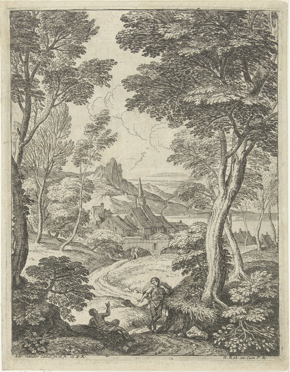 Landscape with pointed tower (series title: Landscapes with shepherds) by Adriaen van der Kabel