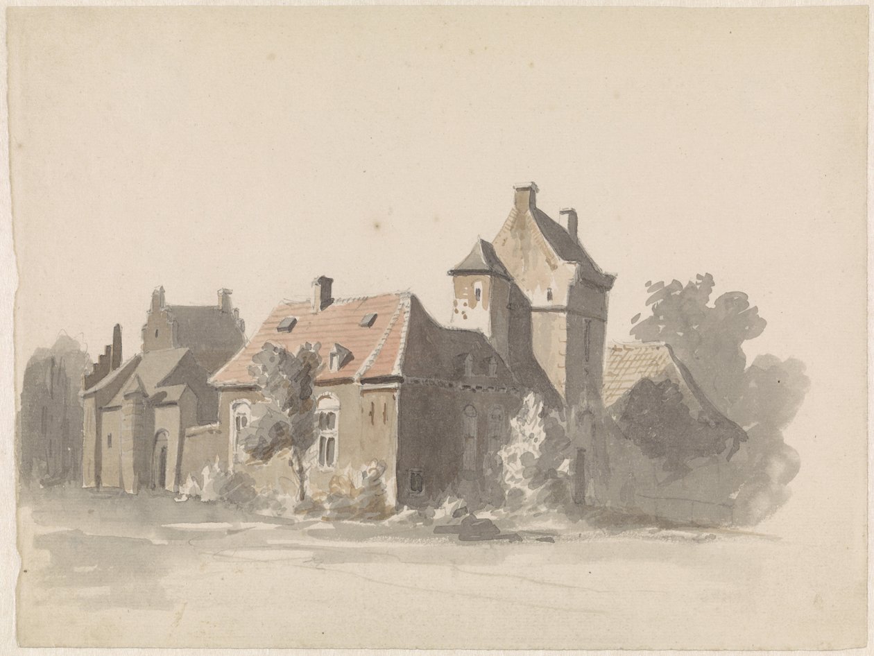 View of a Group of Houses with City Gate by Adrianus Eversen