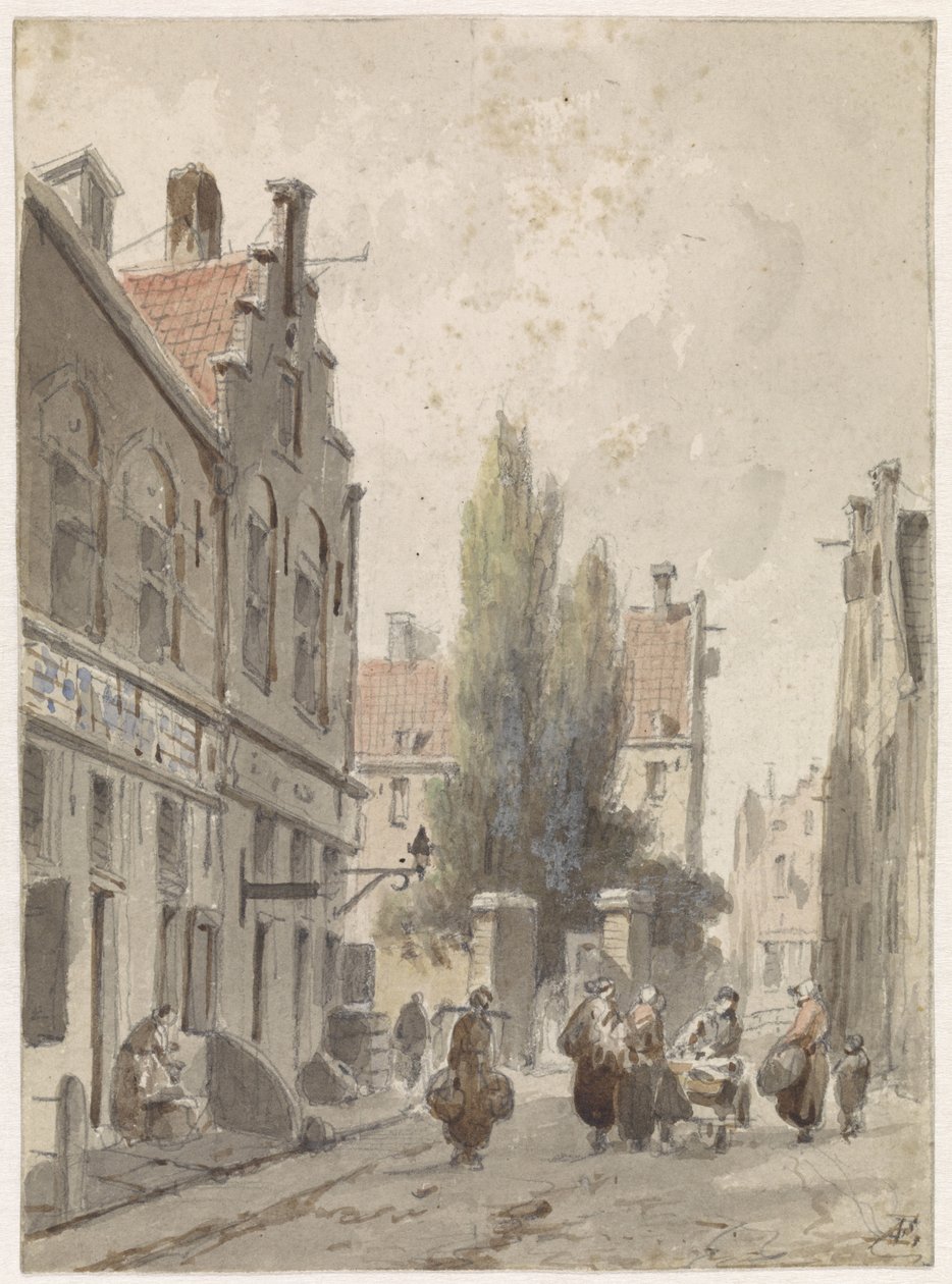 Cityscape with a Peddler by Adrianus Eversen