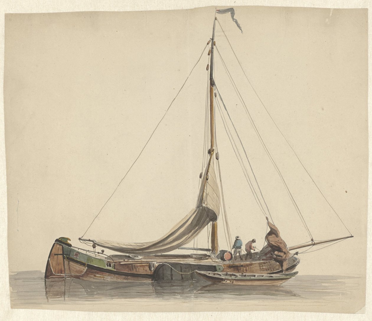 Two Men Working on a Flatboat with Lowered Sails by Adrianus Eversen