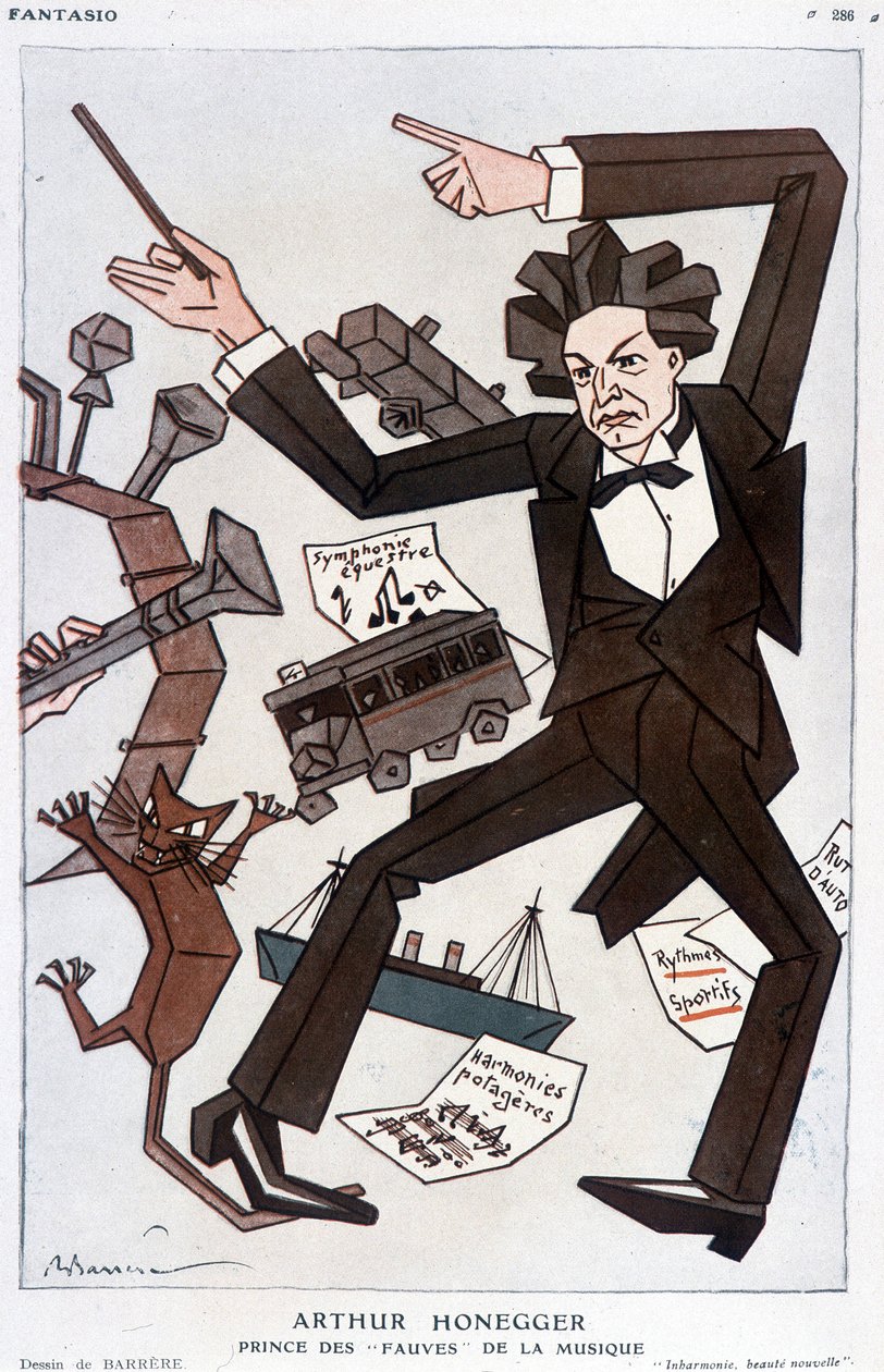 Cartoon of Arthur Honegger Prince of the Fauves of Music, Swiss composer (1892-1955) - by Barrère, in Fantasio from 01/01/1930 by Adrien Barrere