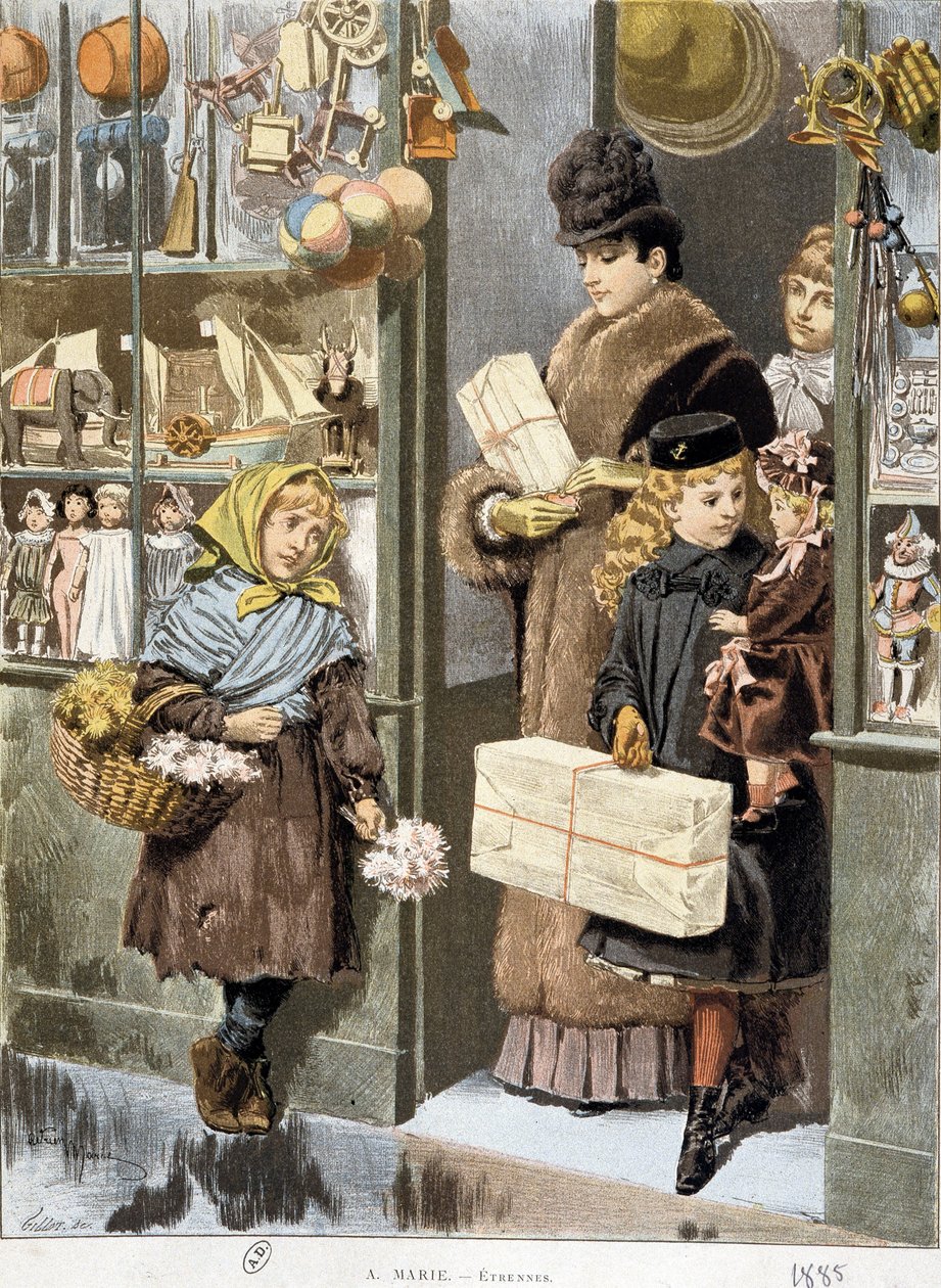 Poor girl selling small bouquets at the exit of a toy store where rich people come out (shopping for Christmas?) - drawing by Adrien Marie by Adrien Emmanuel Marie