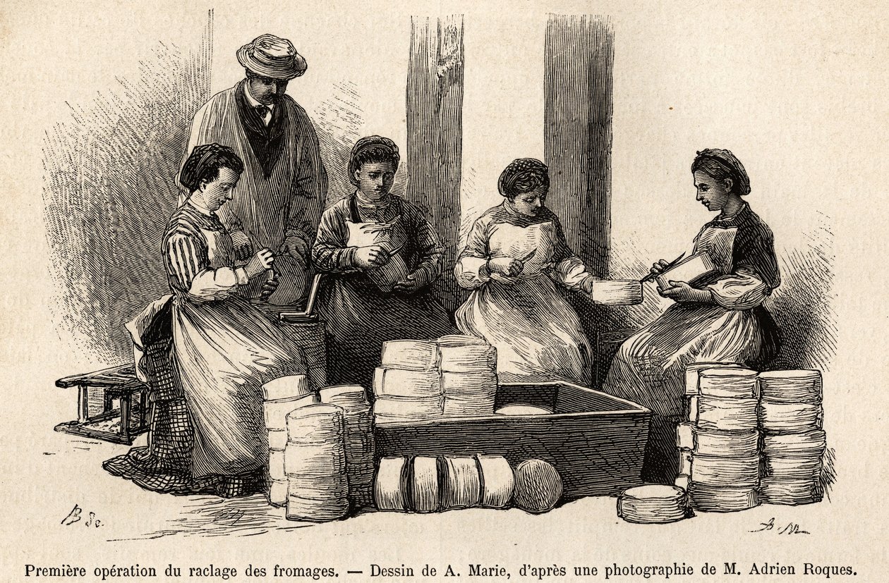 The first operation of the scraping of the cheeses, eight days after the winery, the down that grew on the surface of the cheese is removed to allow better contact with the fresh air of the cellar, which is removed is used to feed the cattle, engraving aft by Adrien Emmanuel Marie