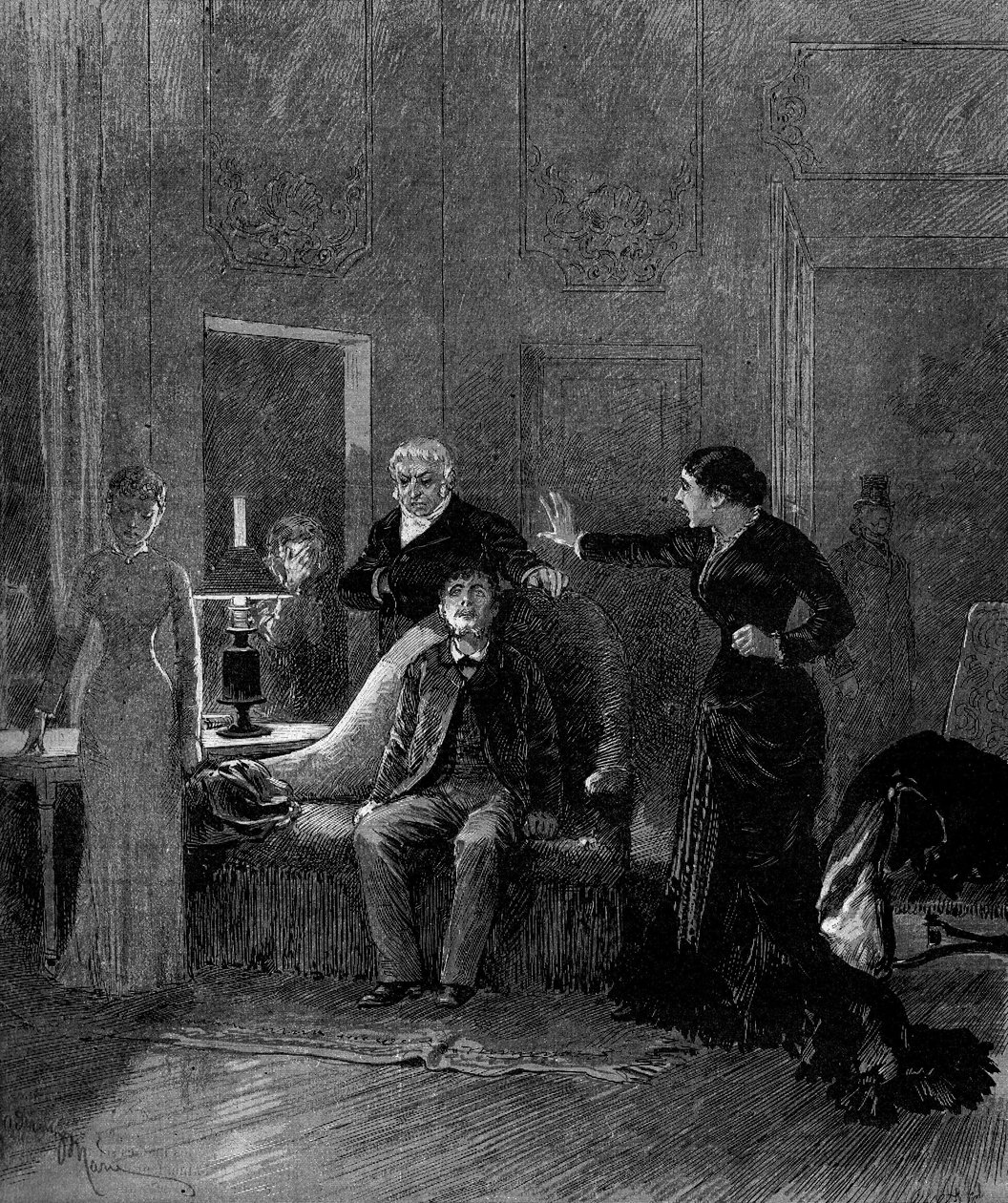 Theatrical representation: 5th act of Jack by Alphonse Daudet and H. Lafontaine with Miss Sisos, M. Porel, M. Chelles, Miss Montaland. Paris, theatre de l