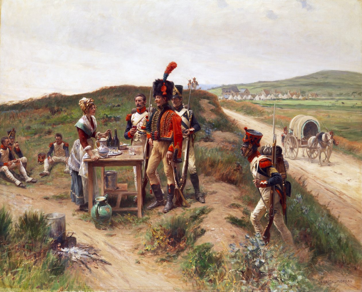 Soldiers with a Young Market Woman at Rest by Adrien Moreau